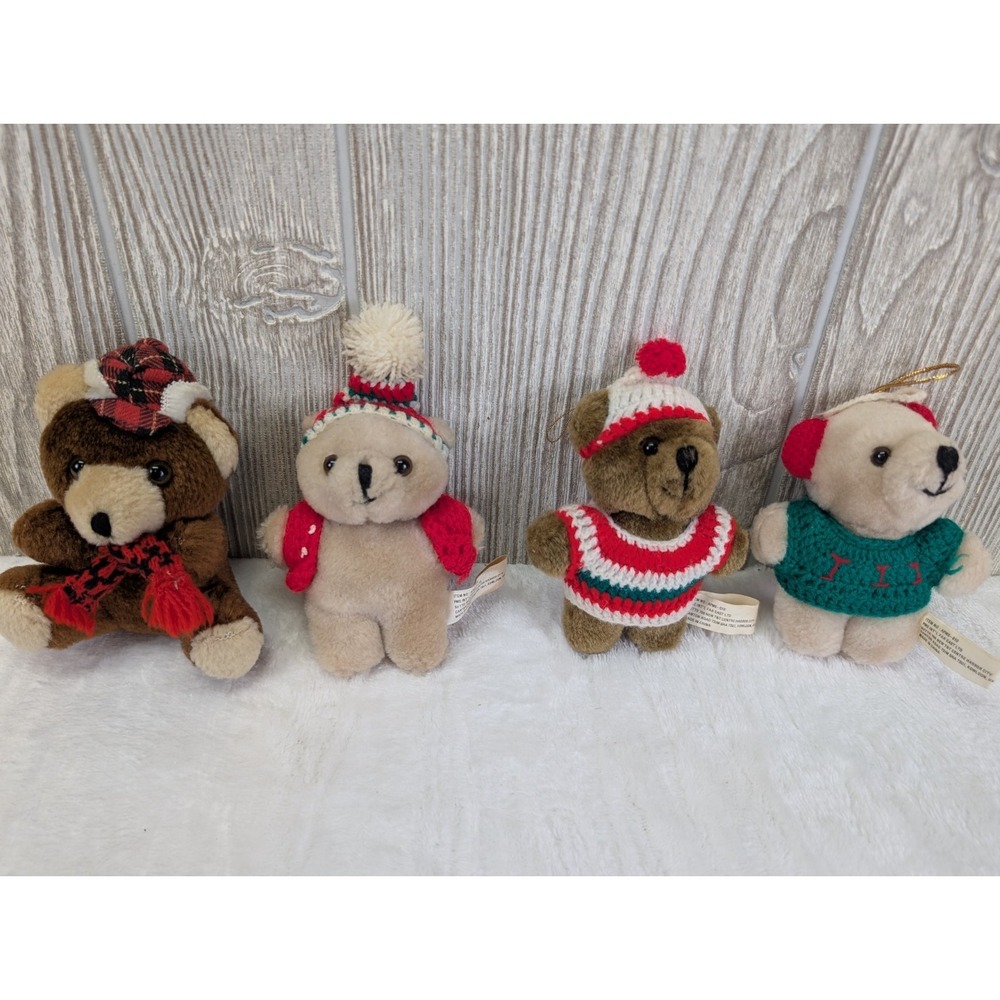 Vintage Mini Plush Teddy Bear Tree Ornament Lot Crochet Sweater Hat Scarf Craft‎